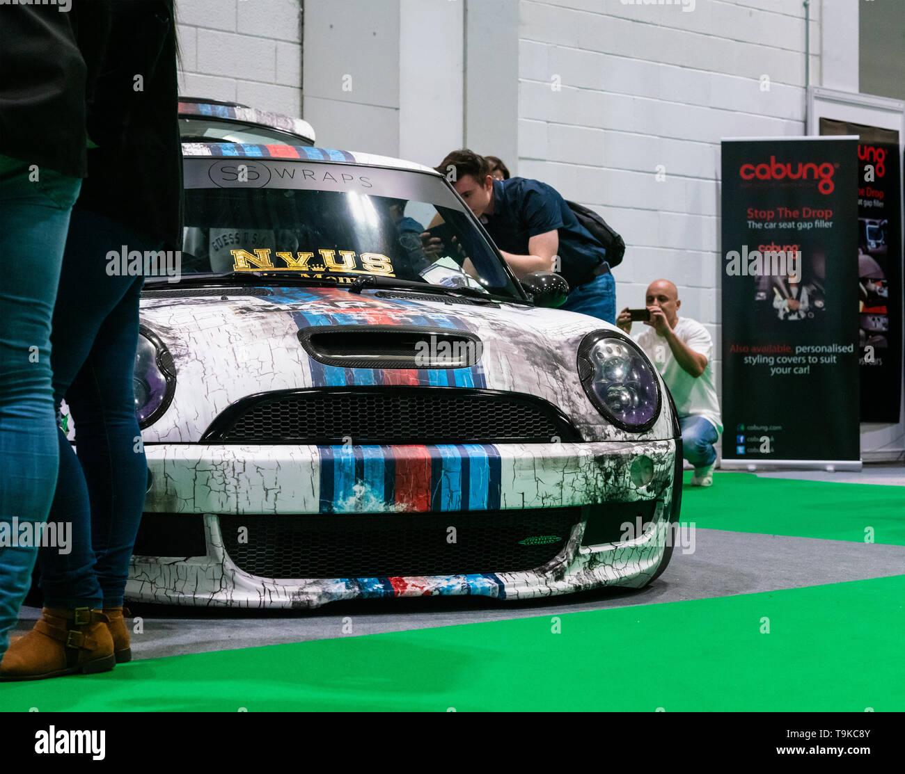 18th May 2019. London, UK. Wrapped colourful an English icon, Mini Cooper car at London Motor Show. Stock Photo