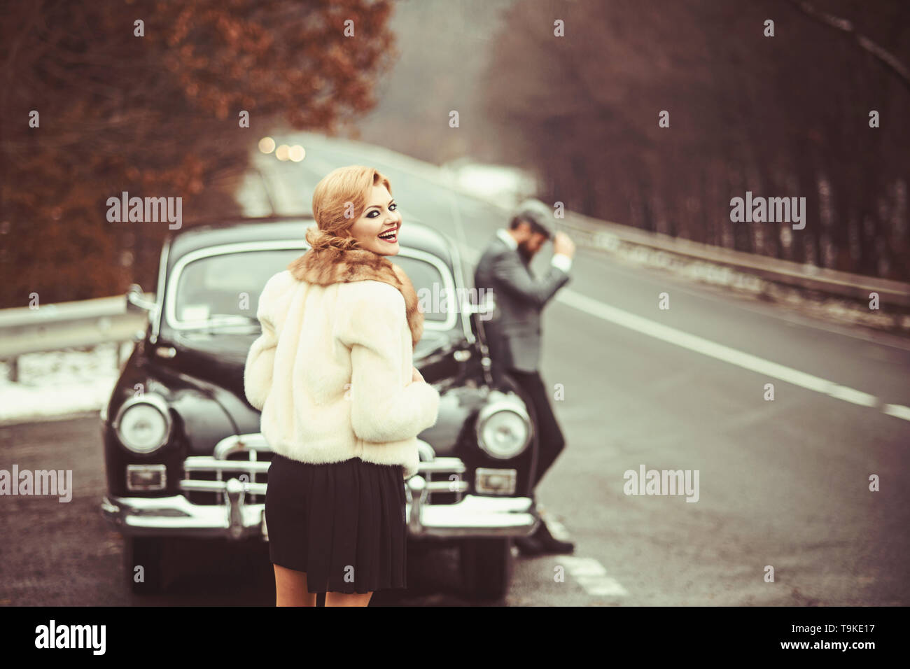 vintage style concept. vintage car and couple in love Stock Photo - Alamy