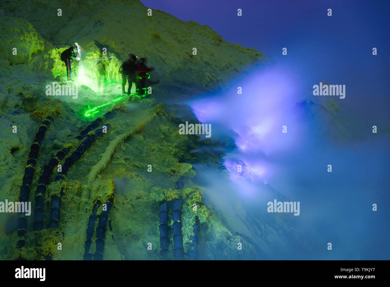 Blue Flame in Sulfur mining at night, Kawah Ijen volcano, East Java, Indonesian Stock Photo Alamy