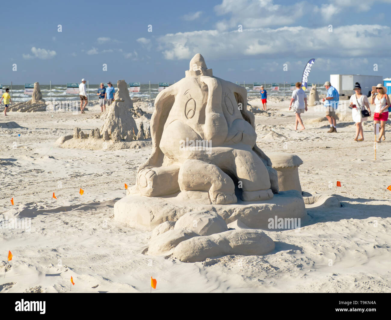 A sand sculpture of an elephant on the beach at the 2019 Texas Sandfest