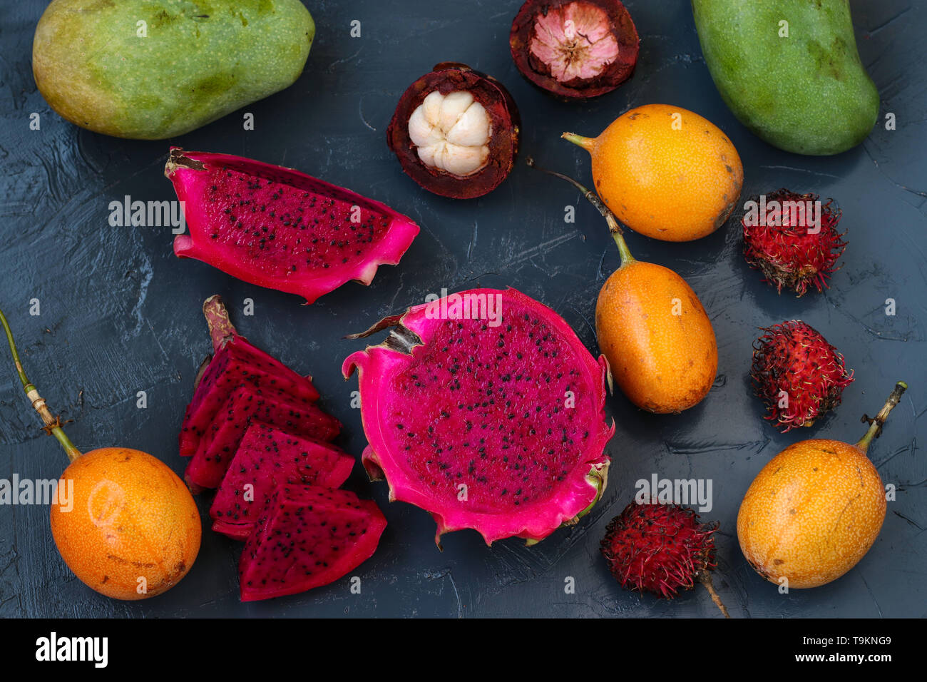 Tropical fruits dragon fruit, passion fruit, mangosteen, rambutan and