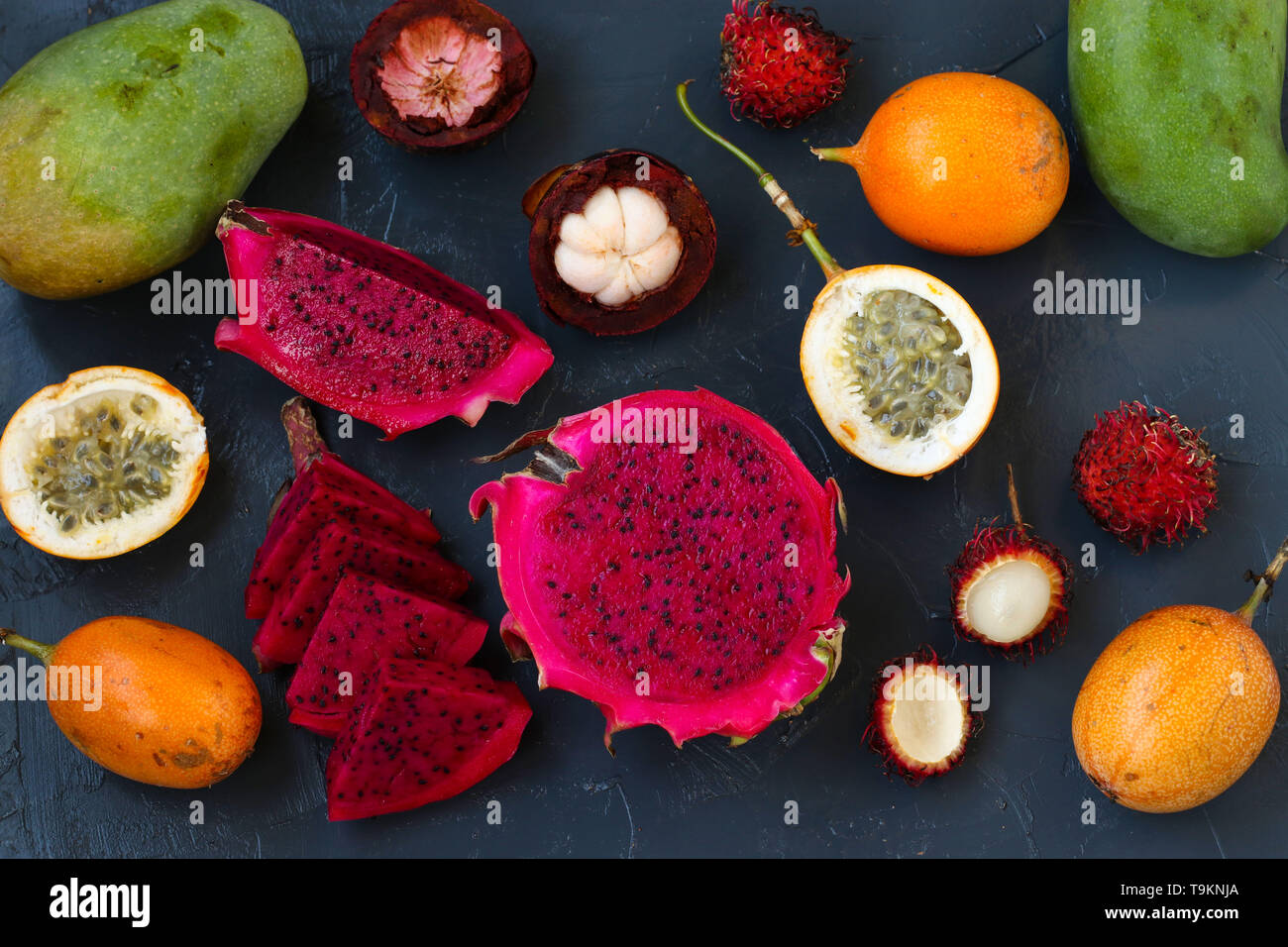 Tropical fruits dragon fruit, passion fruit, mangosteen, rambutan and