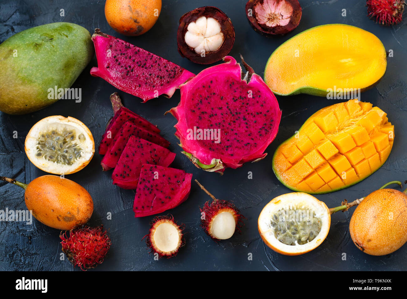 Tropical fruits dragon fruit, passion fruit, mangosteen, rambutan and