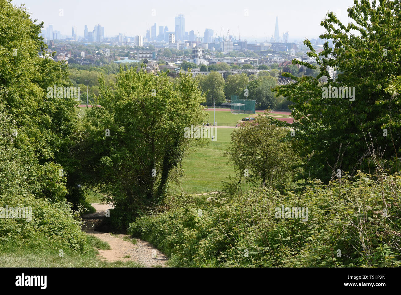 The view over Central London from the top of Parliament Hill, Hampstead Heath, London Borough of Camden, London. UK Stock Photo