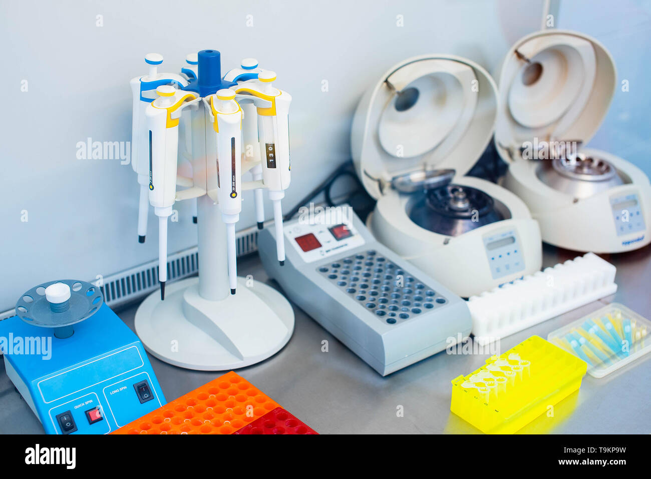 Laboratory equipment for DNA testing and blood analysis. Stock Photo