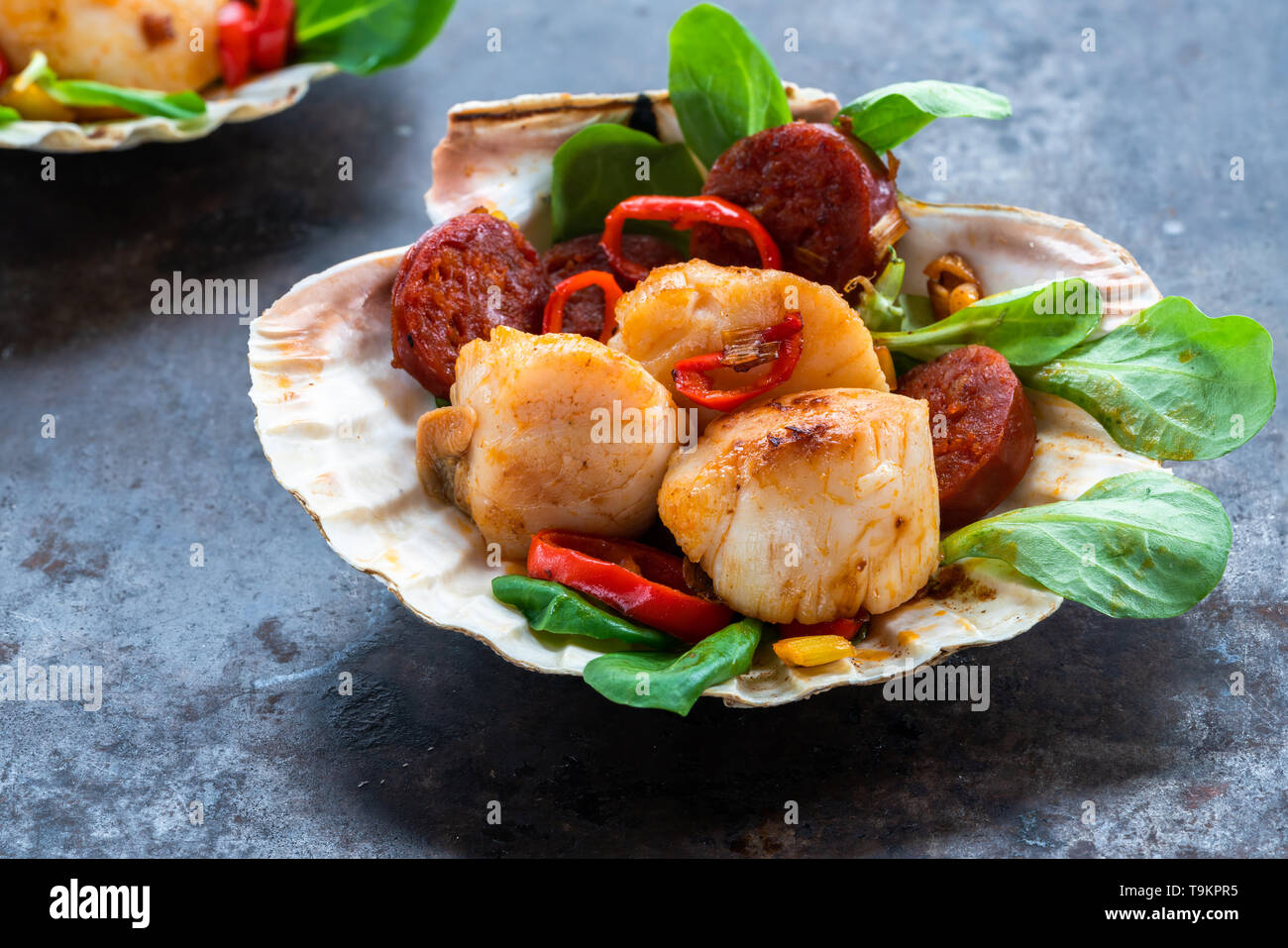 Spiced scallops with chorizo and chili in shells Stock Photo Alamy
