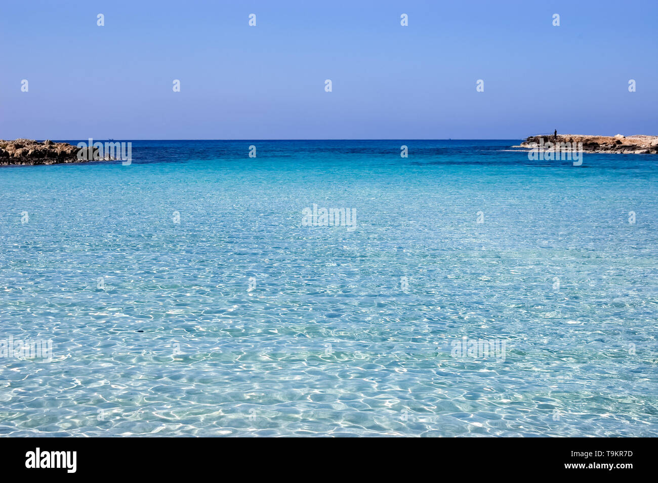 Panoramic sea landscape with blue transparent sea in the resort of Ayia Napa, Cyprus. Stock Photo