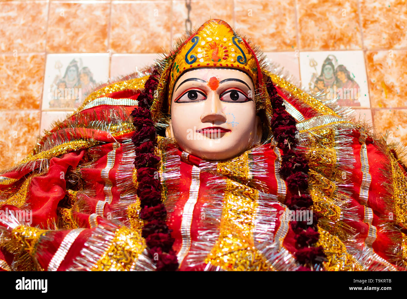 Oltar with Hindu goddess Mahankali idol, Hindu Temple near Ganga River