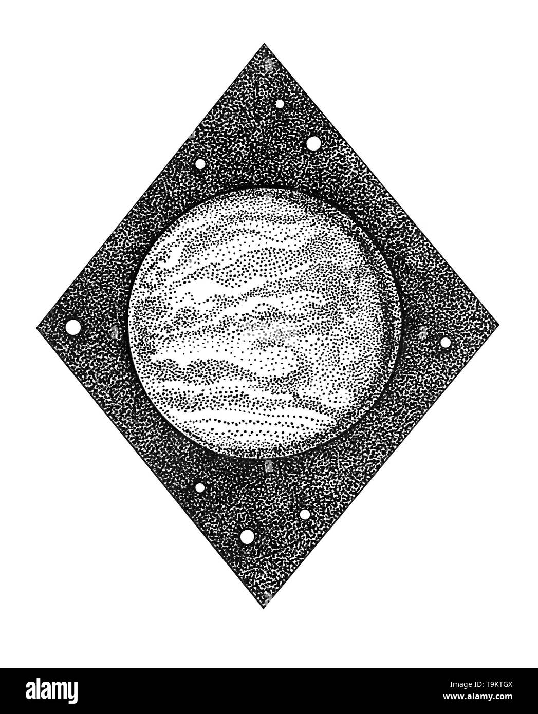 Venus. Hand drawn illustration in dotwork style with astrological symbol of the planet and Taurus and Libra zodiac signs. Space concept, astrology, vi Stock Photo