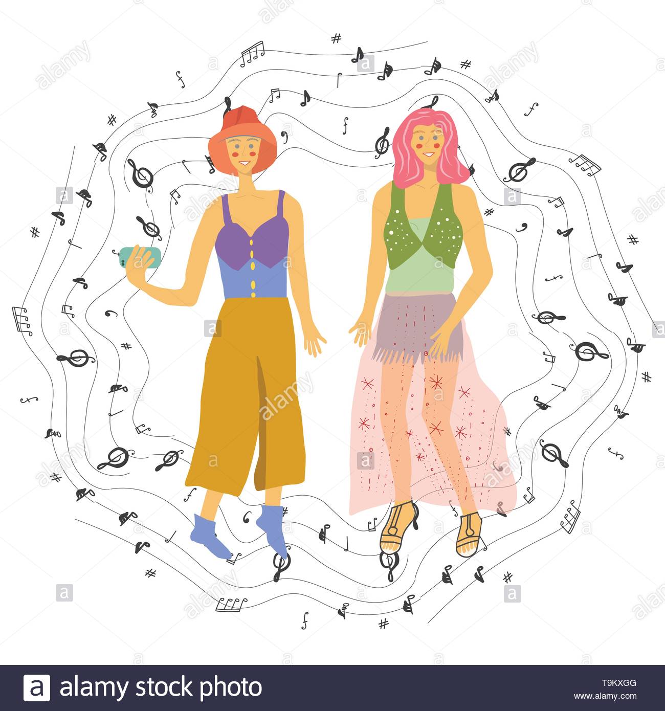 Girls Taking Selfie With Musical Notes Cirlce Border White