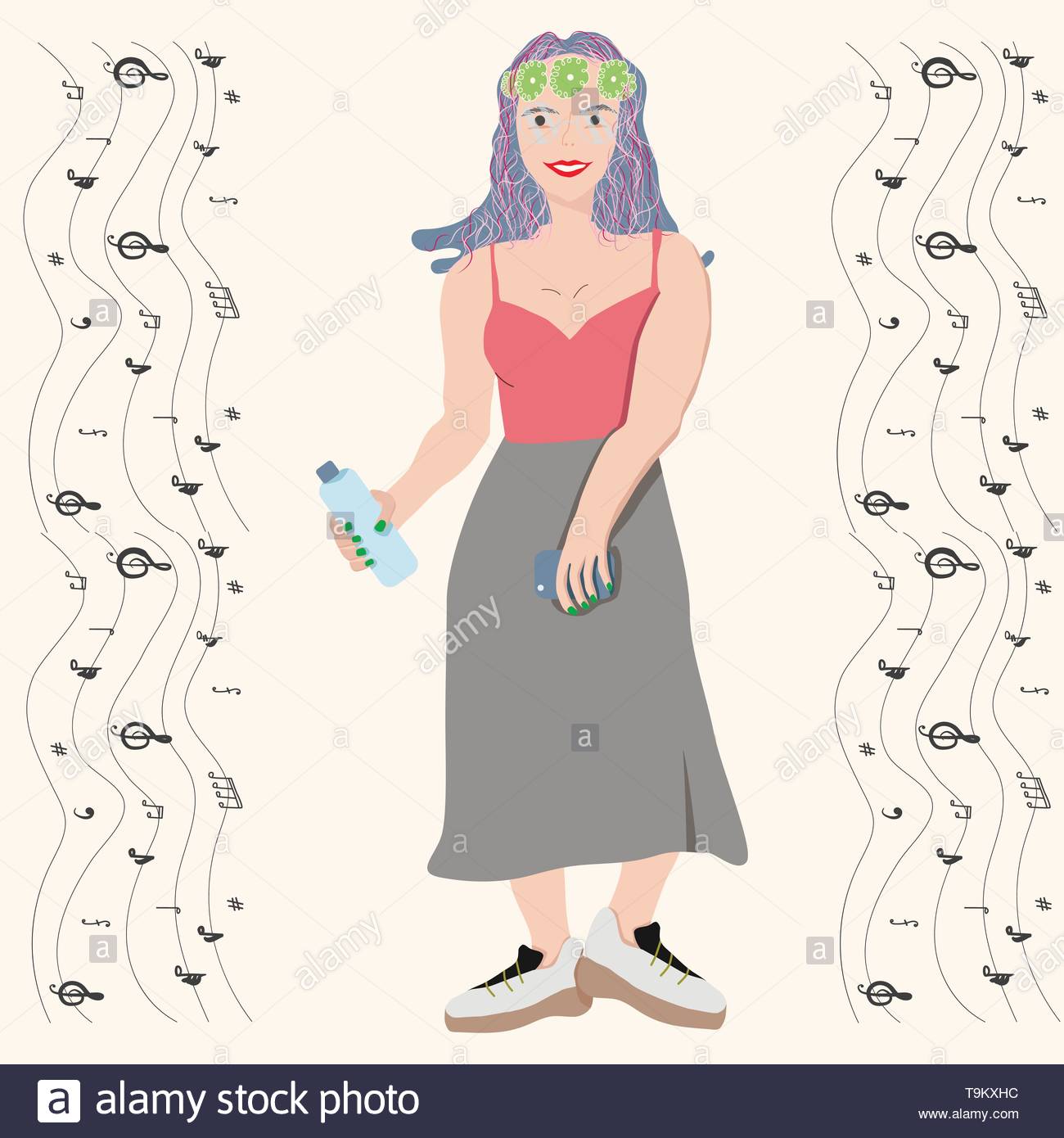 Smiling Girl With Bottle Of Water And A Smartphone White