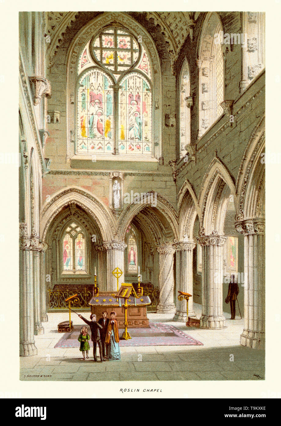 Vintage print of Rosslyn Chapel properly named the Collegiate Chapel of St Matthew, was founded on a small hill above Roslin Glen as a Roman Catholic collegiate church. Stock Photo