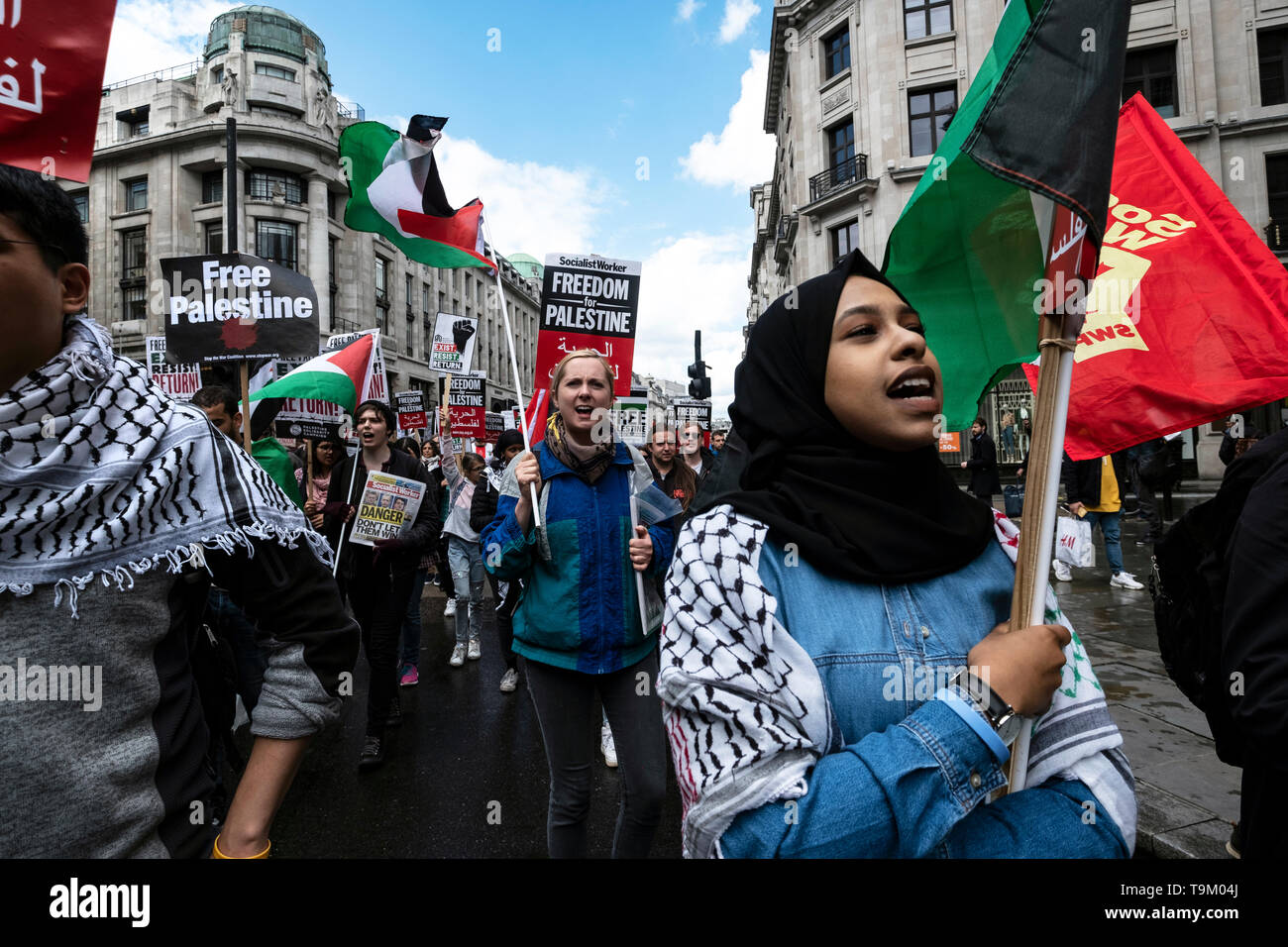 Palestinian Demonstration and rally through central London a few days before Nakba Day. The protest was calling for an end to Israeli oppression  and siege of Gaza and justice and recognition of Palestinian rights including their right to return. They asked people to boycott of Israel and send donations for medical aid for Palestine. London May 11 2019 Stock Photo