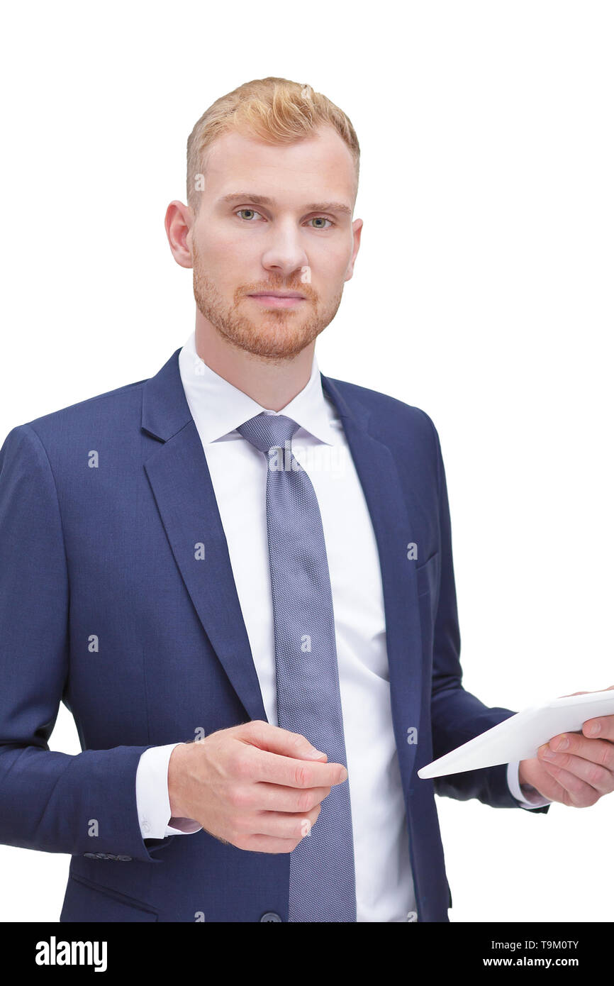 Male bank adviser, insurance consultant or accountant with white tablet computer, isolated, white background. Stock Photo