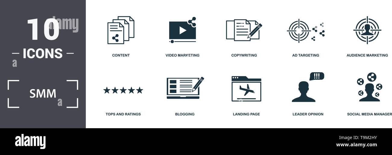 Smm icons set collection. Includes simple elements such as Like, Tops ...