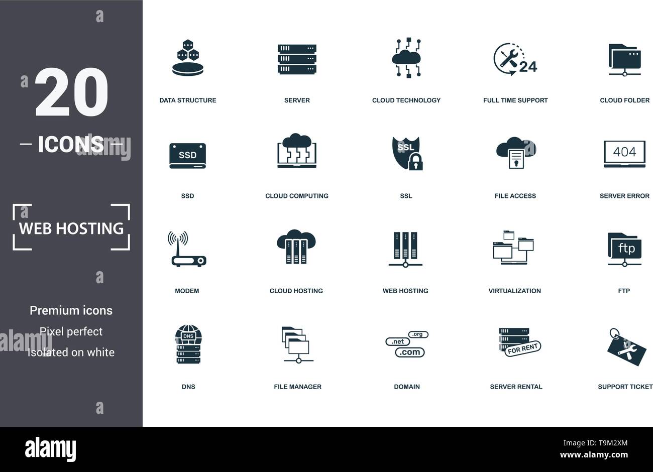 Web Hosting icons set collection. Includes simple elements such as Data Structure, Server, Cloud Technology, Full Time Support, Cloud Folder, Cloud Ho Stock Vector
