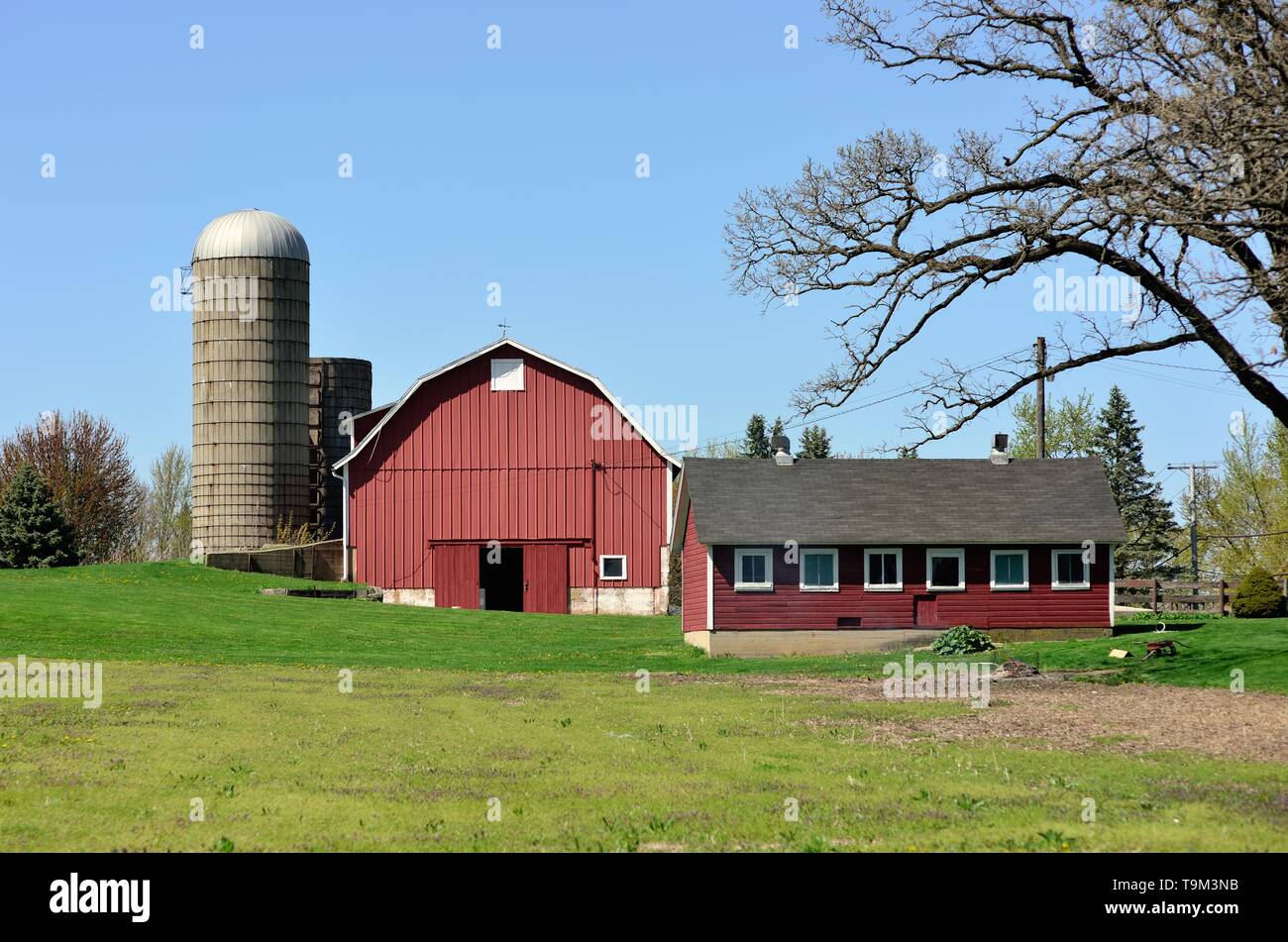 South Elgin, Illinois, USA. A modern red barn surrounded by silos and a shed form the structures on a small agricultural spread. Stock Photo