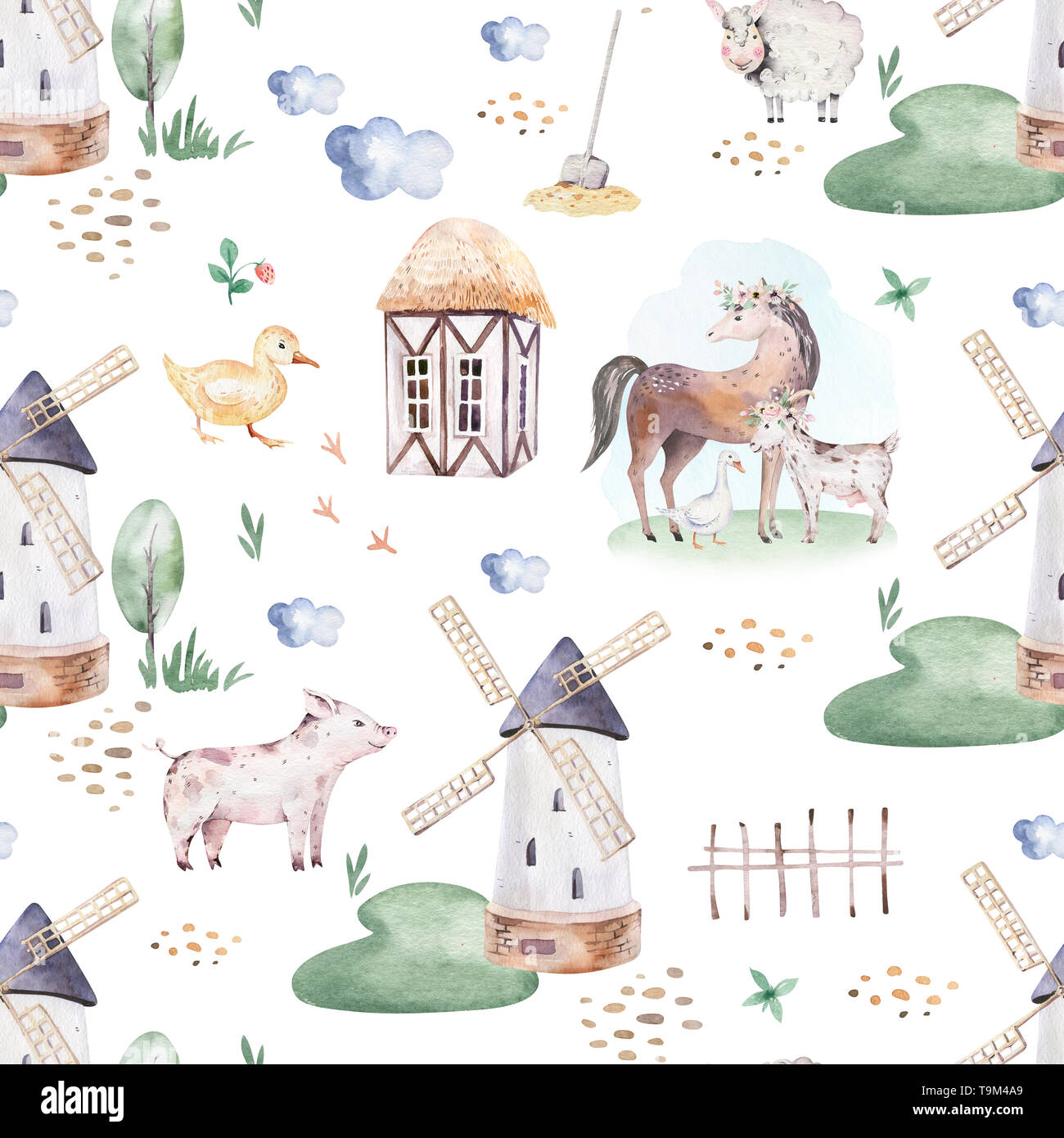 Watercolor seamless pattern with cute farm animals with goat, horse, goose and cow. chicken, sheep and pig domestic animal illustration. Stock Photo