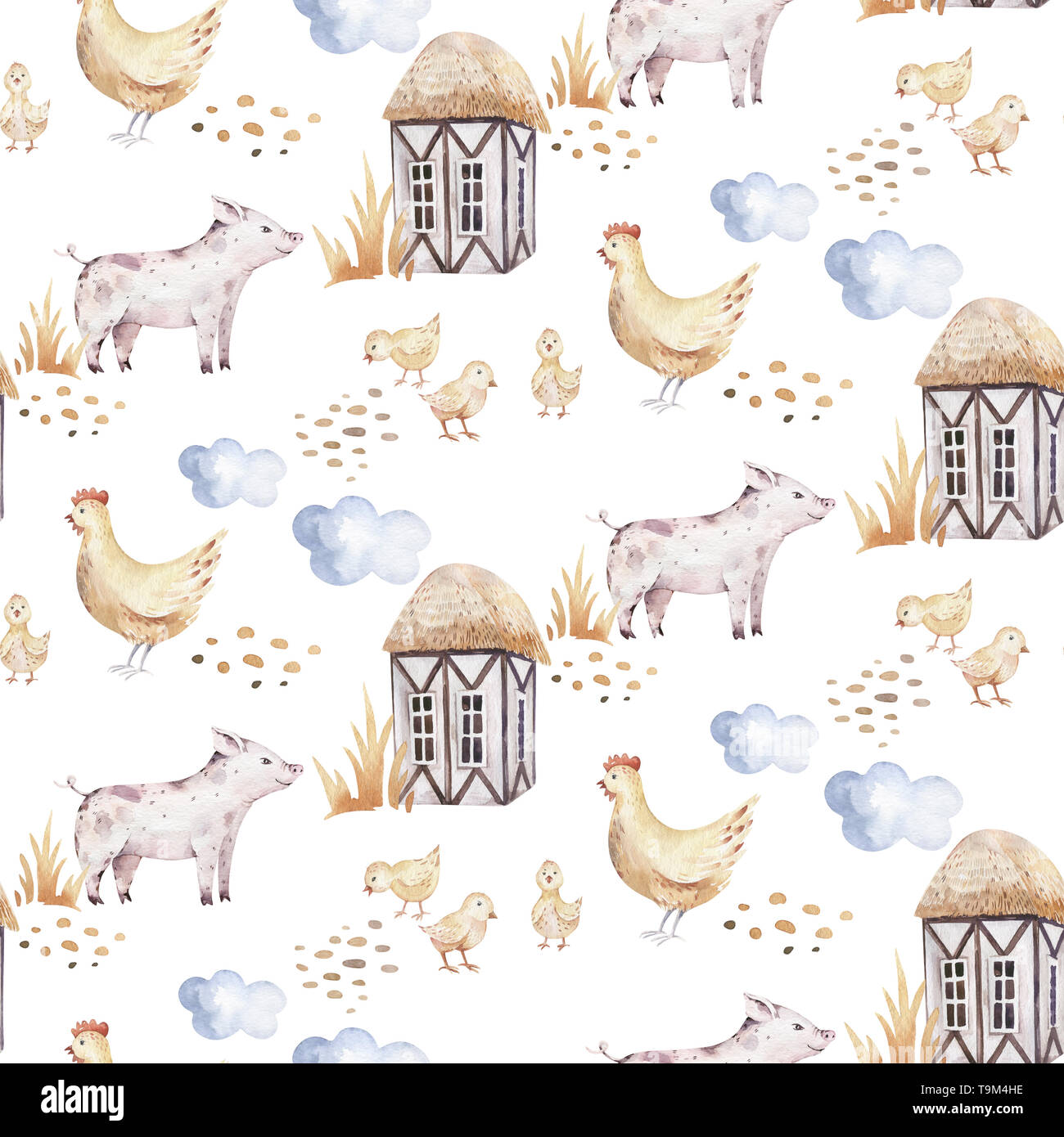Watercolor seamless pattern with cute farm animals with goat, horse ...