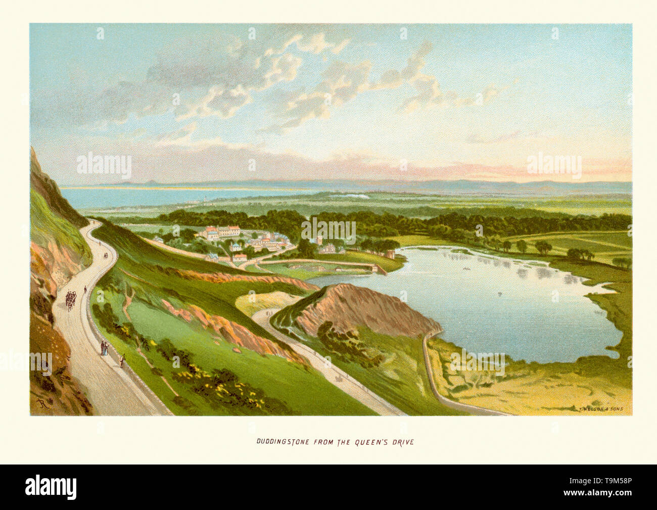Vintage print of Duddingston from the Queens Drive a former village in the east of Edinburgh, Scotland, next to Holyrood Park. Stock Photo