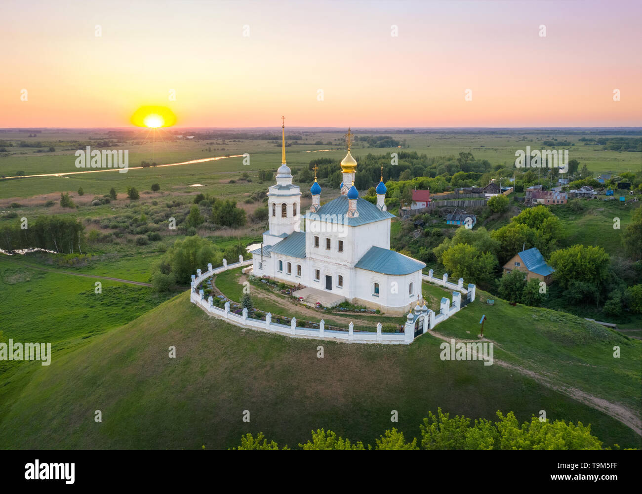 Yepifan, Tula oblast, Russia. Aerial view of Church of the Assumption located on the mound which is the burial place of warriors killed in the Battle  Stock Photo