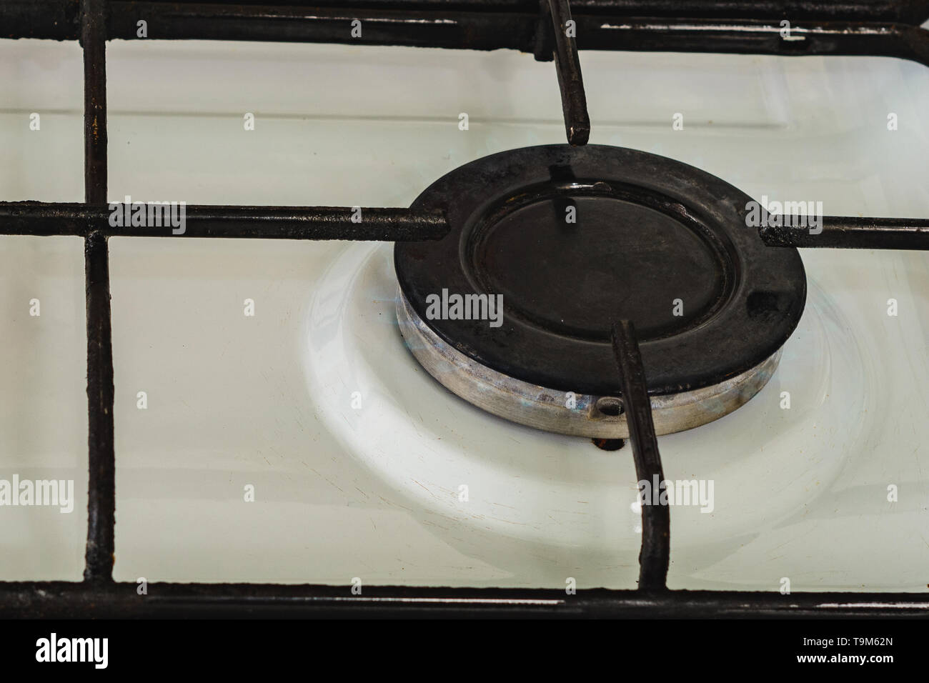 On the white gas stove the burner is lit from which the flame of