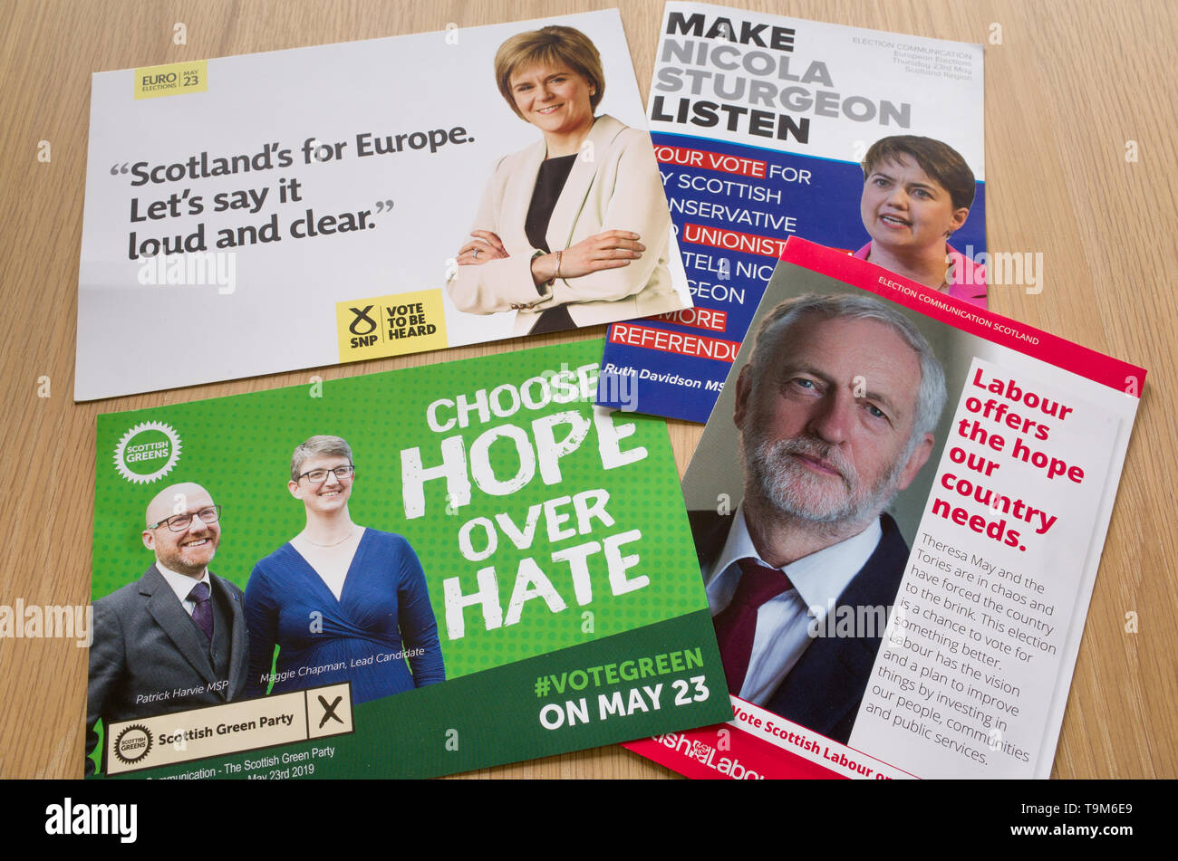 European Elections 2019 leaflets from SNP, Scottish Labour, Scottish Green Party, Scottish Labour and Scottish Conservative parties. Stock Photo