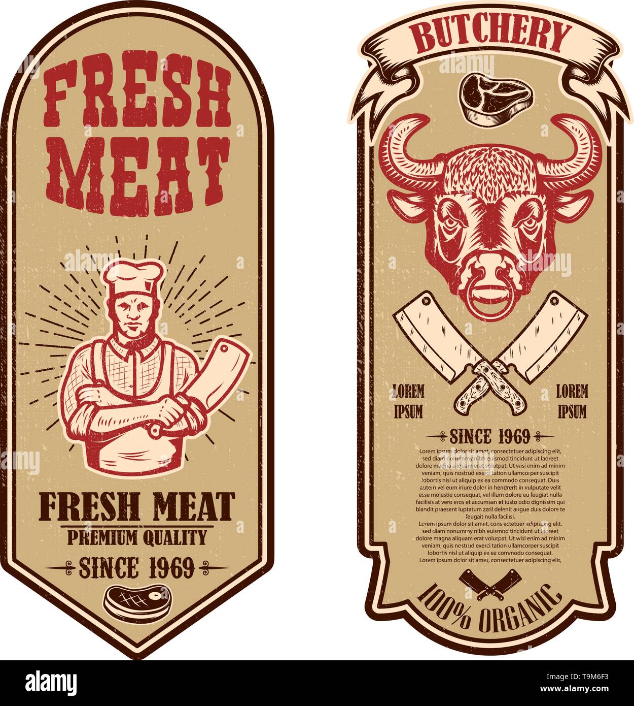 Set of meat store, butcher shop flyers. Design element for logo, label