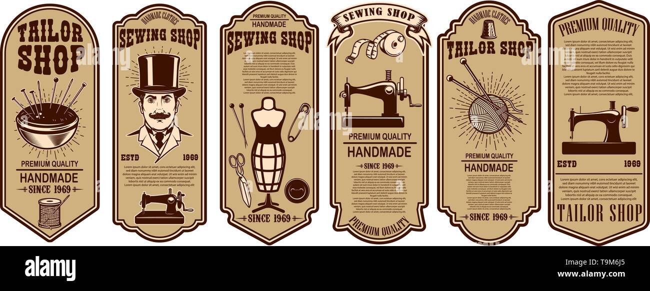 Set of sewing shop label templates. Design element for logo, label, sign, poster. Vector ...