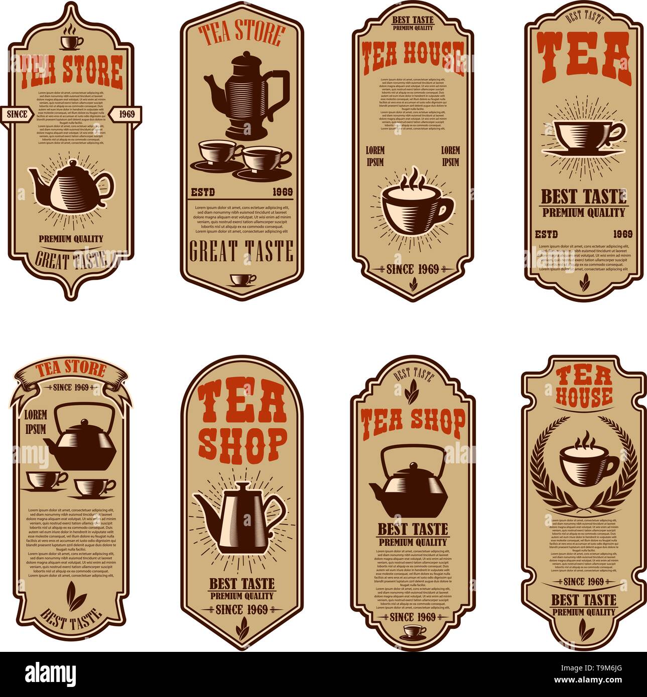 Vintage tea shop flyer templates. Design elements for logo, label, sign, badge. Vector illustration Stock Vector