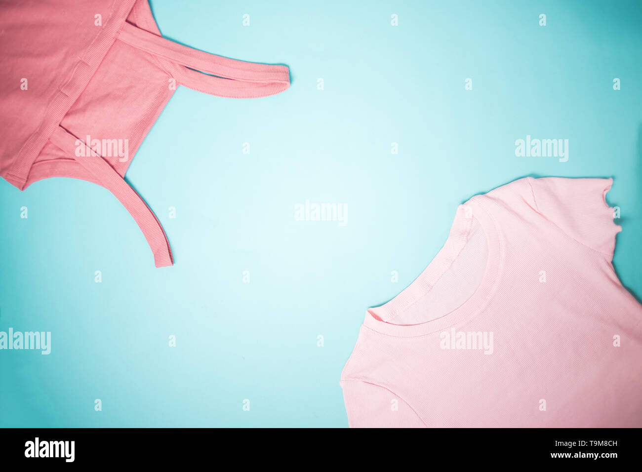 Rose color short summer top and pale pink t shirt on sky blue background with copy space. Women's clothing, store, shop, summer collection, spring, va Stock Photo