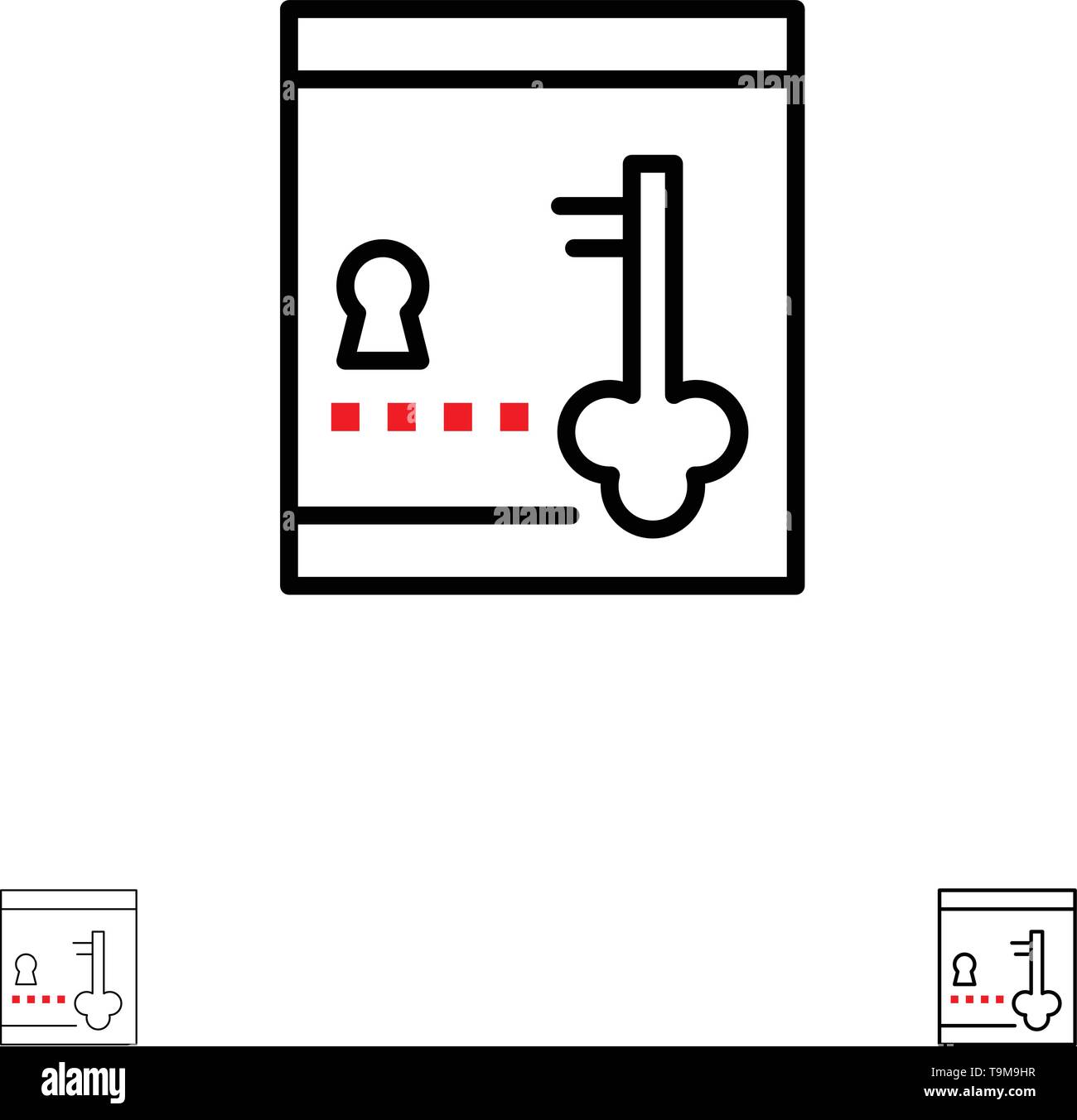Safe, Locker, Lock, Key Bold and thin black line icon set Stock Vector