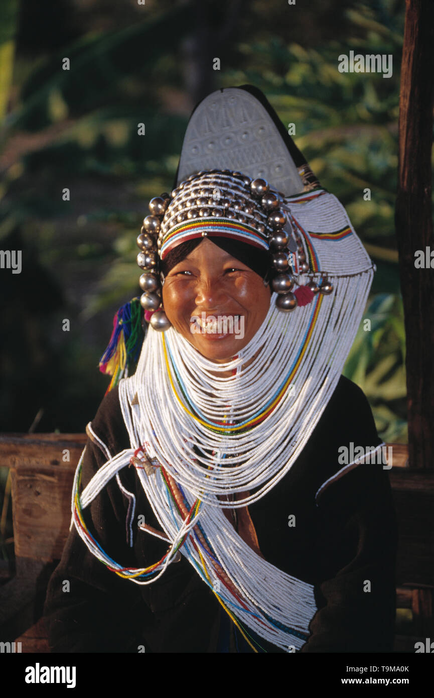 Myanmar. Kyaing Tong. Akha Hill Tribe young woman. Stock Photo