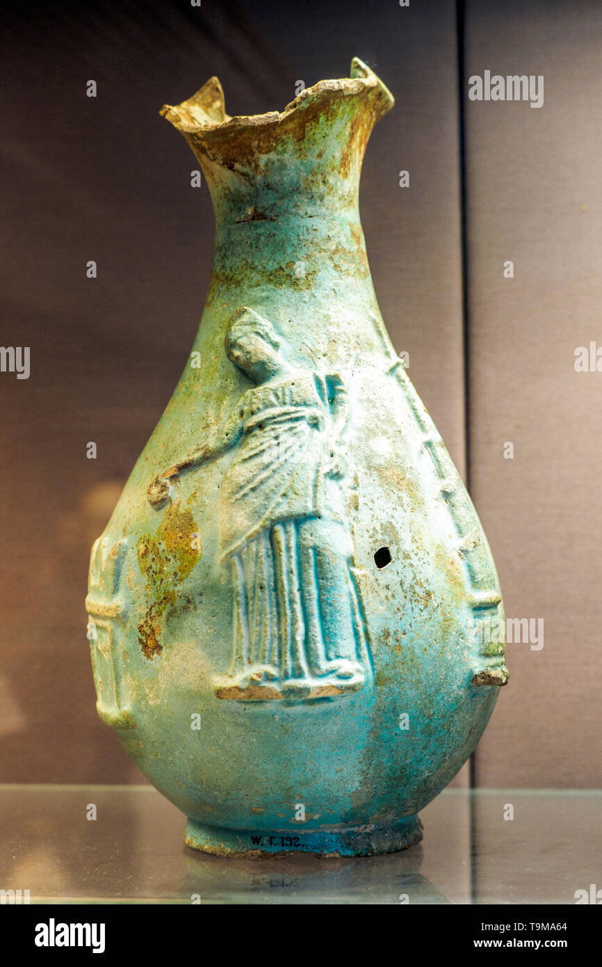Faience Oinochoai (jugs) This type of jug was used in the cult of the Hellenistic queens of Egypt, who received divine honours in their own lifetime. Stock Photo