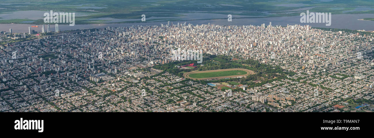 Aerial image showing the skyline and extent city of Rosario in Argentina, with in particular the distrito centro witht he remarkable Sociedad Del Esta Stock Photo