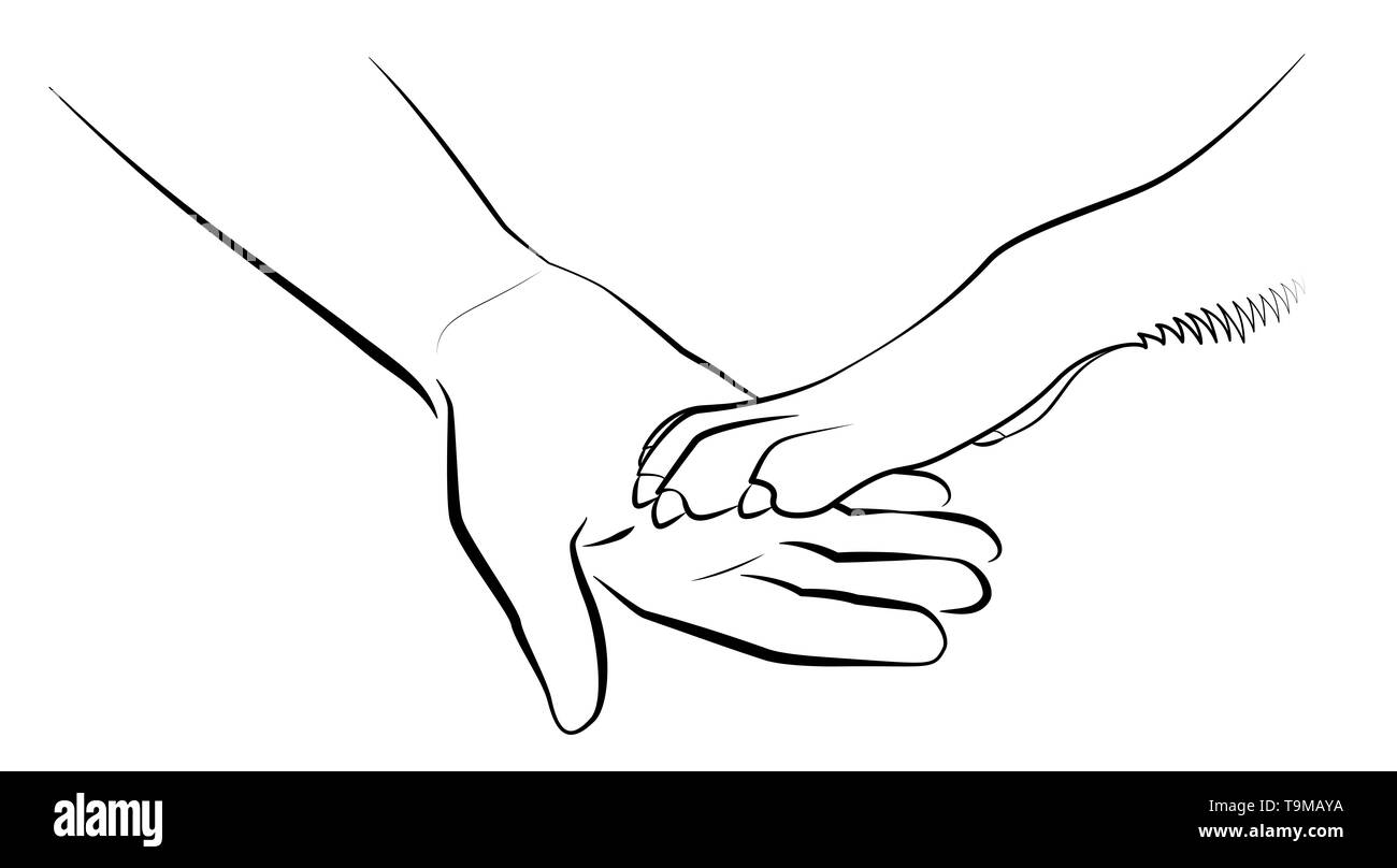 Give paws. Human hand and dogs paw outline illustration on white background. Stock Photo