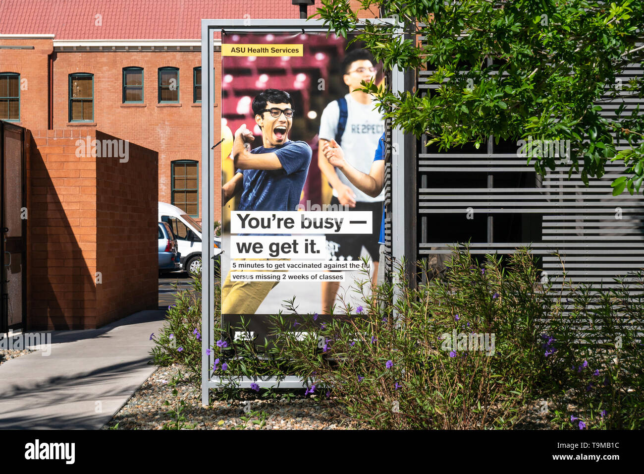 TEMPE, AZ/USA - APRIL 10, 2019: ASU Health Services sign promoting flu vaccinations on the campus of Arizona State University. Stock Photo