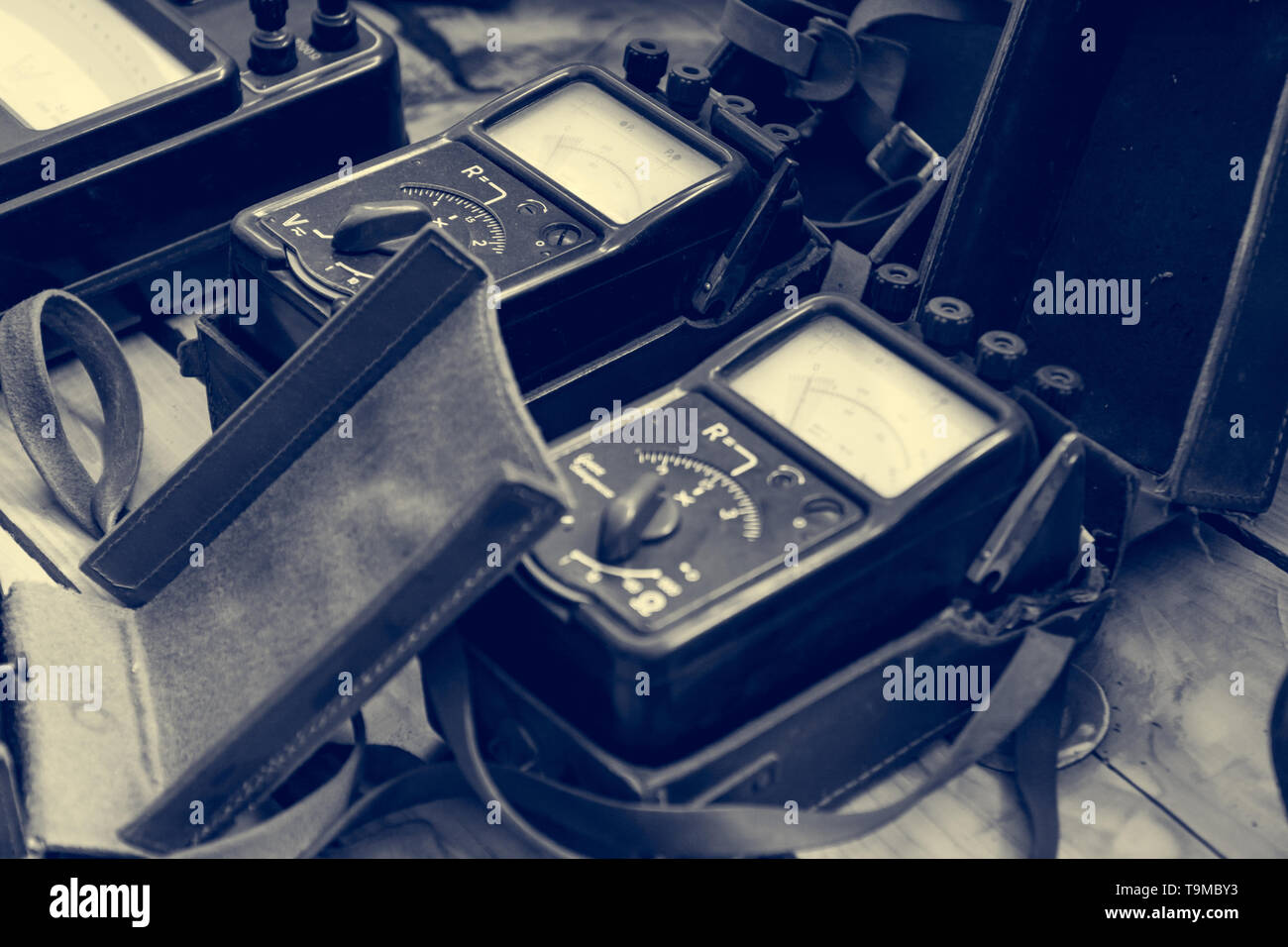 Vintage analogue measuring devices on display at local museaum Stock