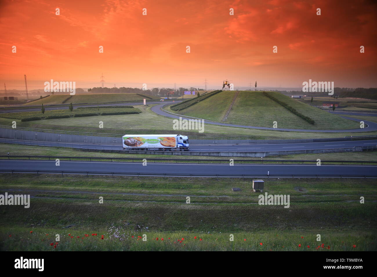 Sunrise Germany Summer.North Rhine-Westphalia.Transport.Autobahn A1,A2.Dortmund,Hamm,Essen Stock Photo
