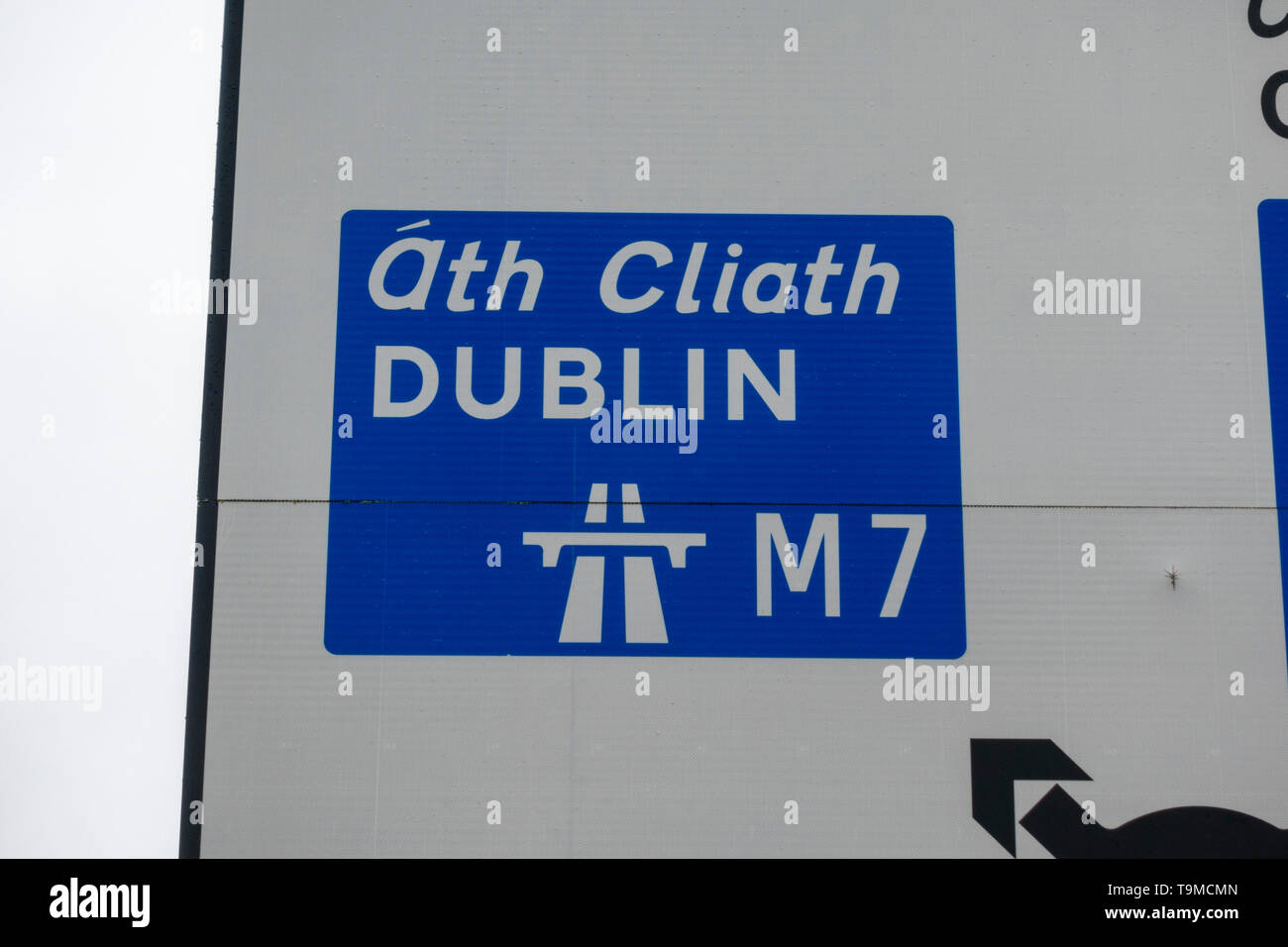 A blue M7 Motorway sign for Dublin close to the M7 motorway in Co Kildare, Eire. Stock Photo