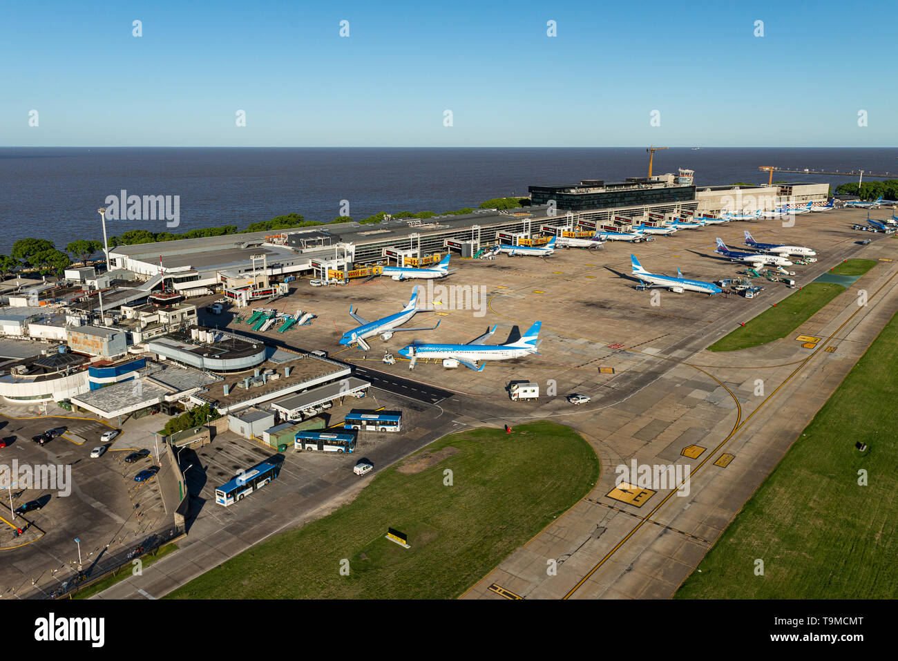 Aerial image showing the Aeroparque Jorge Newbery with mainly planes of AerolÃneas Argentinas, Aeroparque Internacional Ing. Jorge Alejandro Newbery  Stock Photo