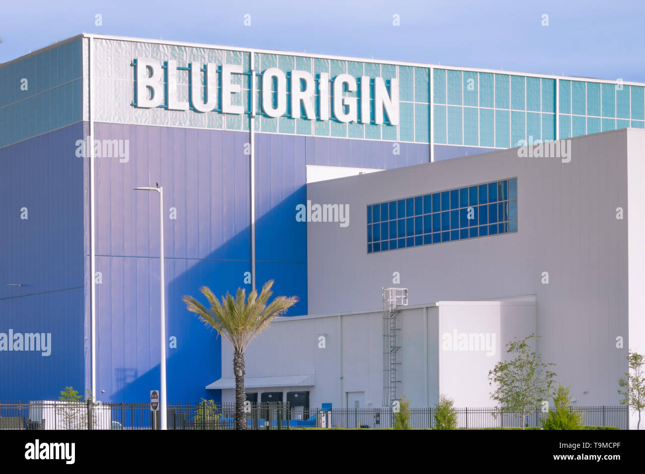 Cape Canaveral, Florida - May 12, 2019: Blue Origin launch vehicle production facility, founded by Jeff Bezos, is located near the entrance to the Ken Stock Photo