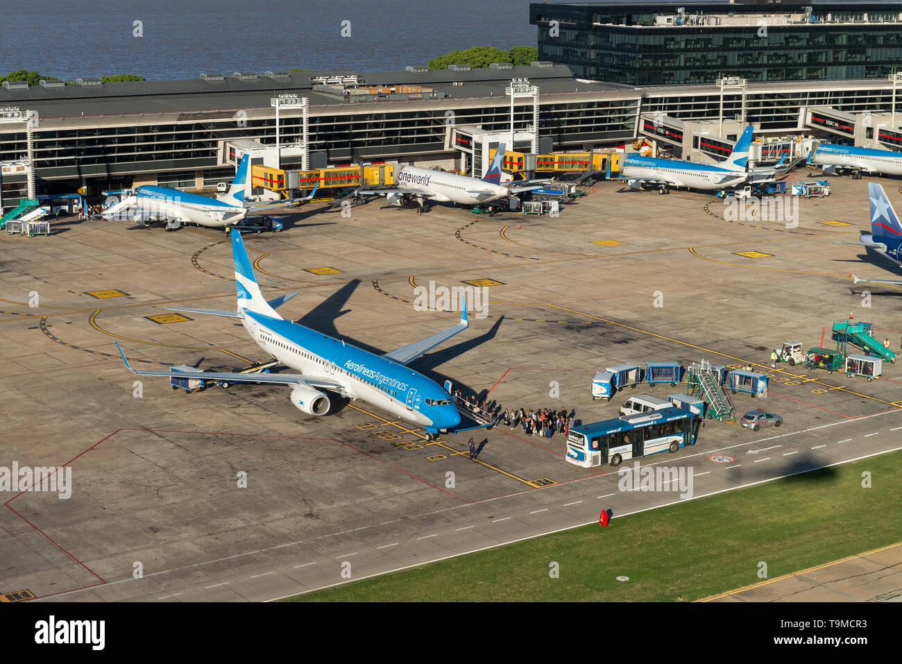 Aerial image showing Boeing 737-800 with registration LV-FUC boarding at Aeroparque Jorge Newbery terminal. Jorge Newbery Airfield (Spanish: Aeroparqu Stock Photo