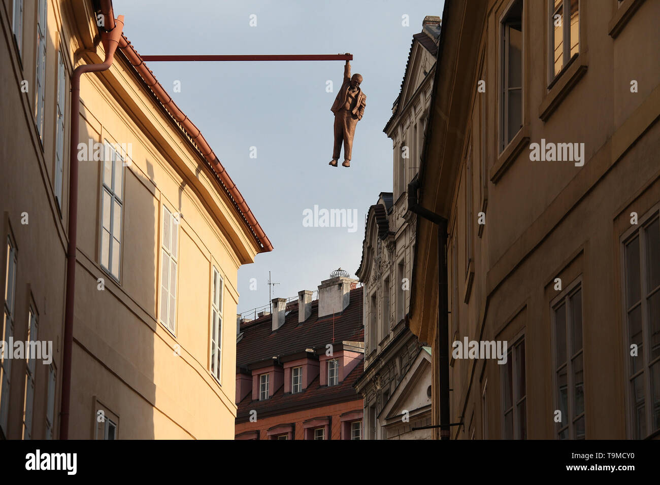 Sigmund Freud artwork by David Cerny hanging over a street in Prague