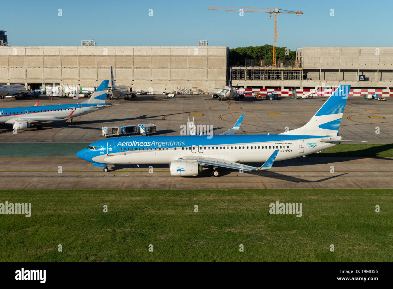 Boeing 737-800 with registration LV-FQY taxiing to the runway at Aeroparque Jorge Newbery. Jorge Newbery Airfield (Spanish: Aeroparque 'Jorge Newbery' Stock Photo