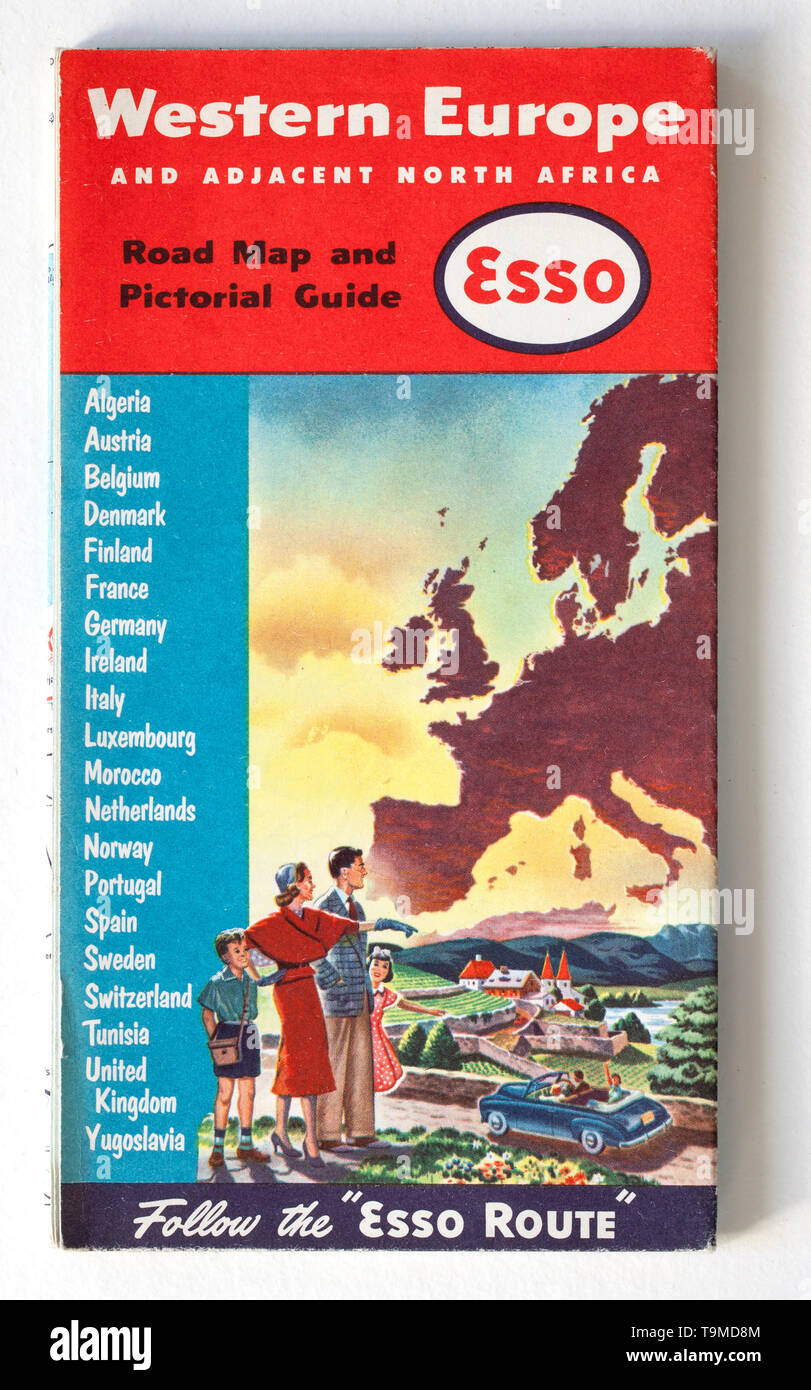 Old Vintage Road Map - Western Europe Stock Photo