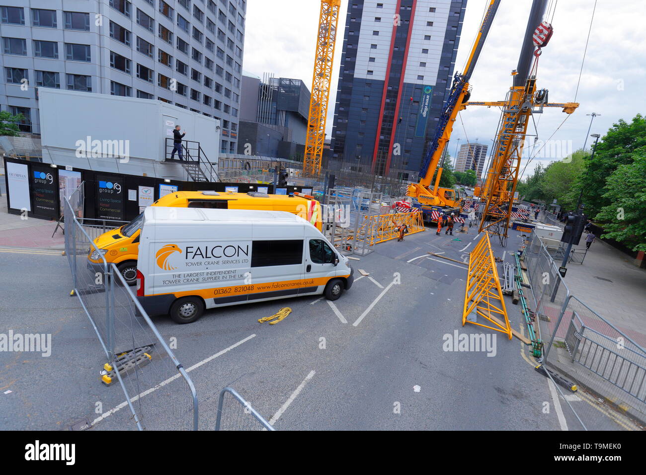 Construction of a tower crane in Leeds, which will help construct the tallest building in Yorkshire at 37 storeys high Stock Photo