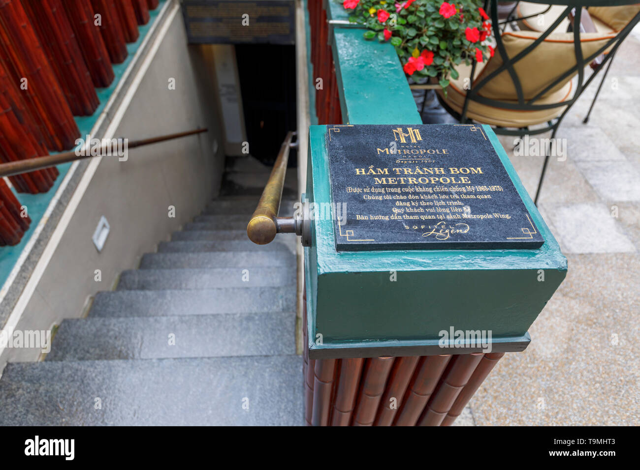 Metropole Bomb Shelter plaque at the entrance to the air raid bunker from the Vietnam War in the Sofitel Legend Metropole Hanoi hotel, Hanoi Stock Photo