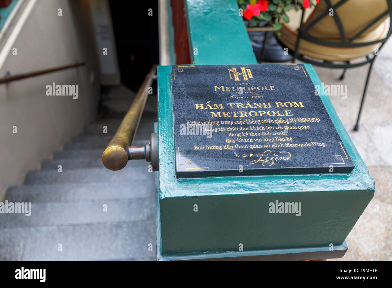 Metropole Bomb Shelter plaque at the entrance to the air raid bunker from the Vietnam War in the Sofitel Legend Metropole Hanoi hotel, Hanoi Stock Photo