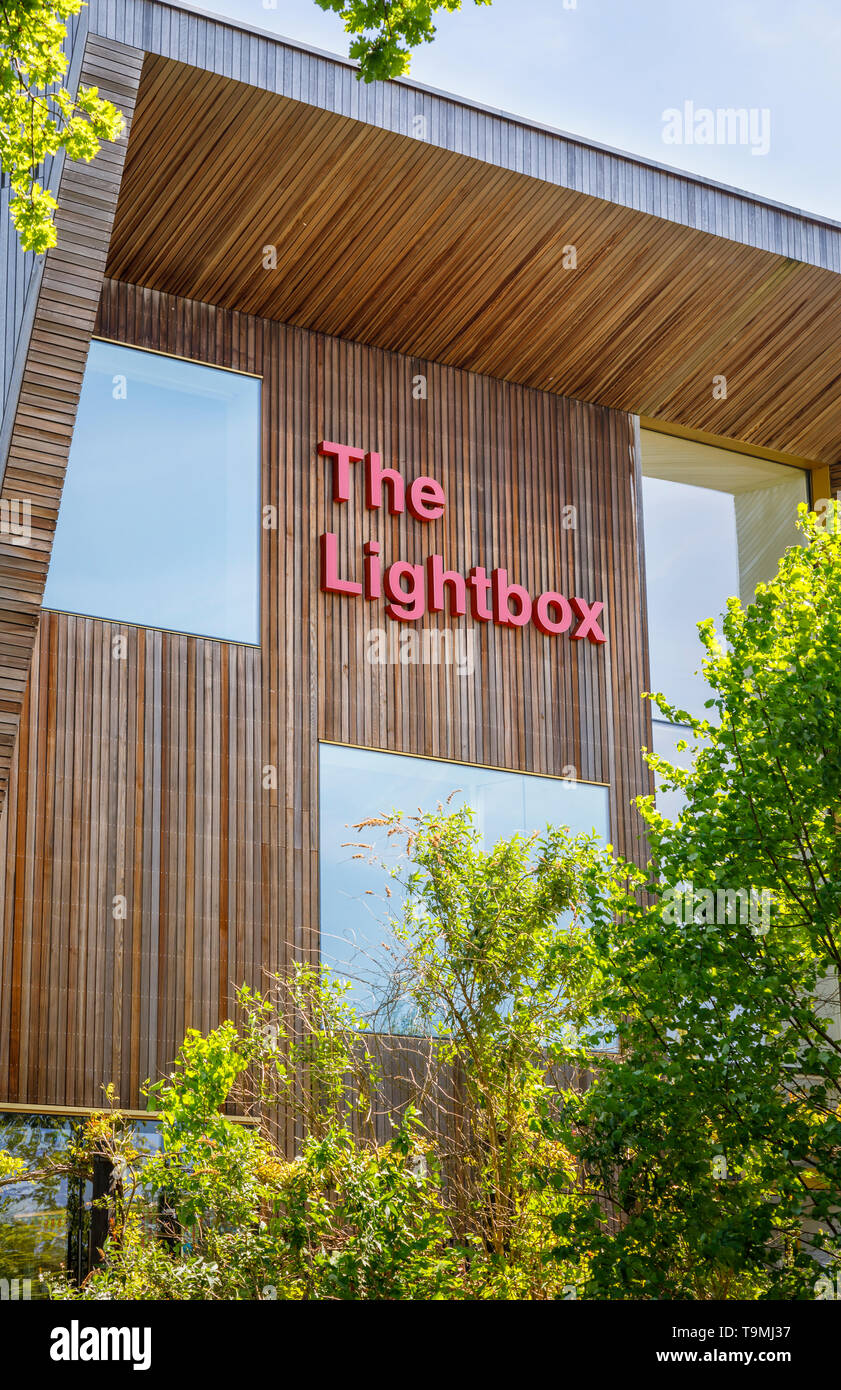 The Lightbox in Woking town centre, a gallery, museum and exhibition space civic amenity modern building on the banks of the Basingstoke Canal Stock Photo